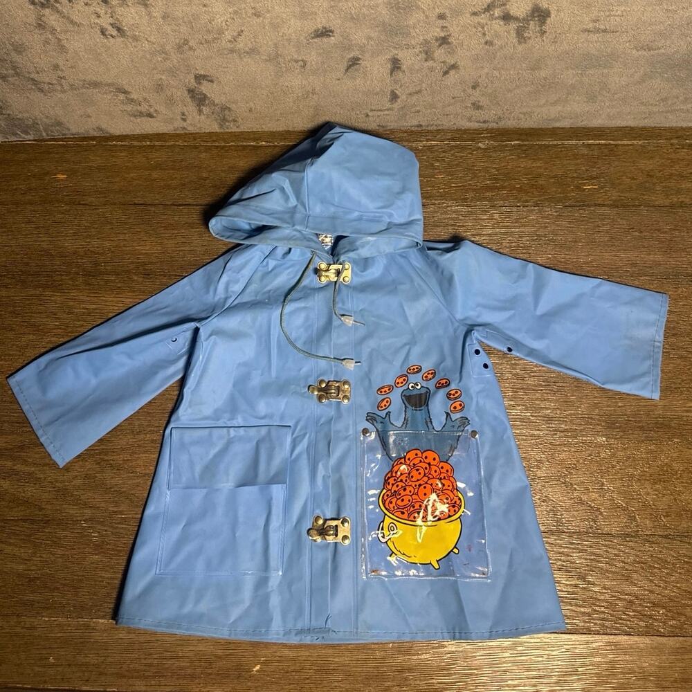 Vtg 1977 Sesame Street Cookie Monster Raincoat Toddler SZ 2 Blue Vinyl Slickers
